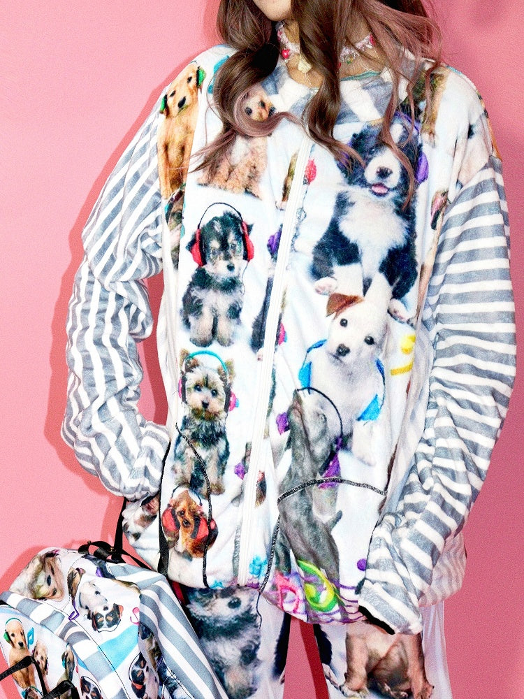 Gyaru Puppy Pattern Jacket Striped Print Fashion White
