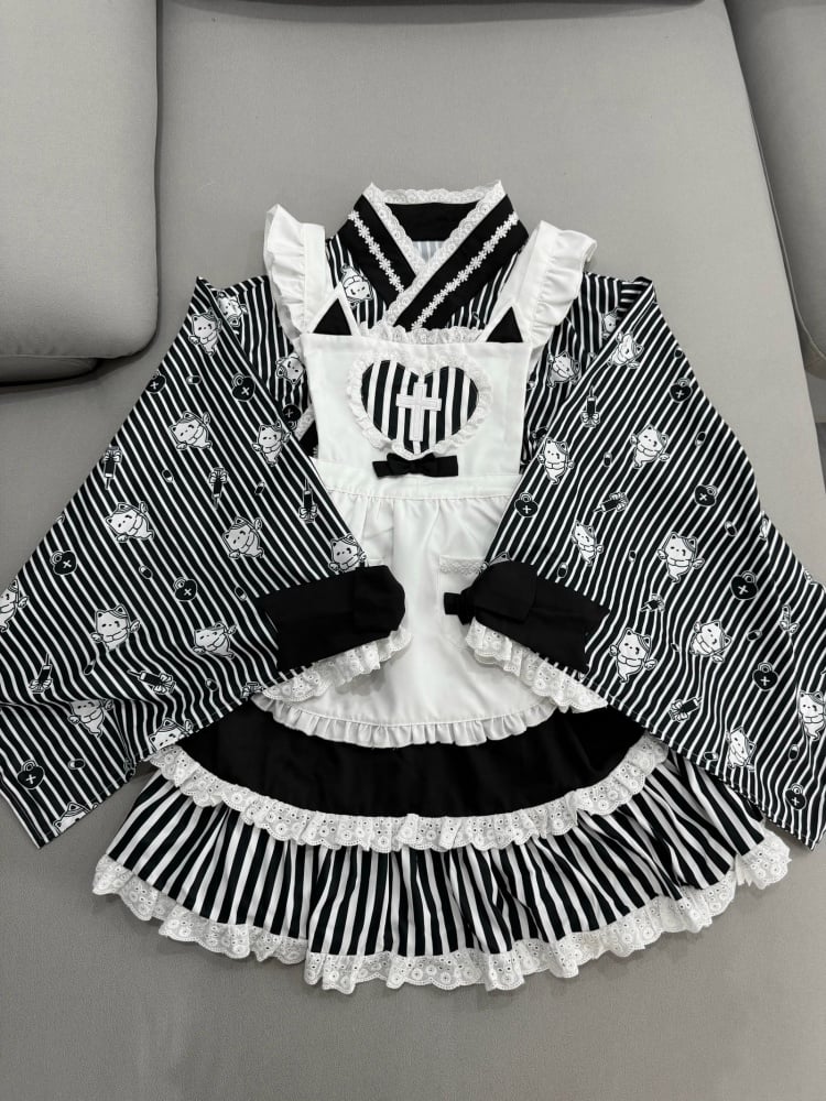 Black Striped Little Ghost Print Top + Tiered Skirt + Apron Wa Lolita Set