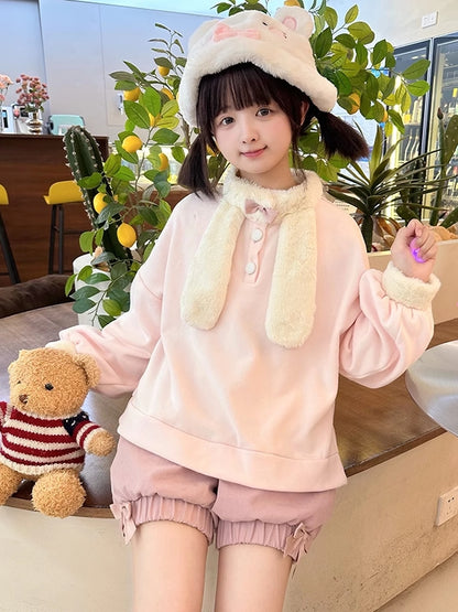 Pink Cute Bunny Ears Plush Collar Sweatshirt