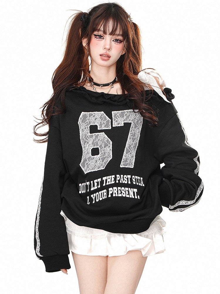 Black/Grey Lace Appliques Asymmetrical Neckline Sweatshirt