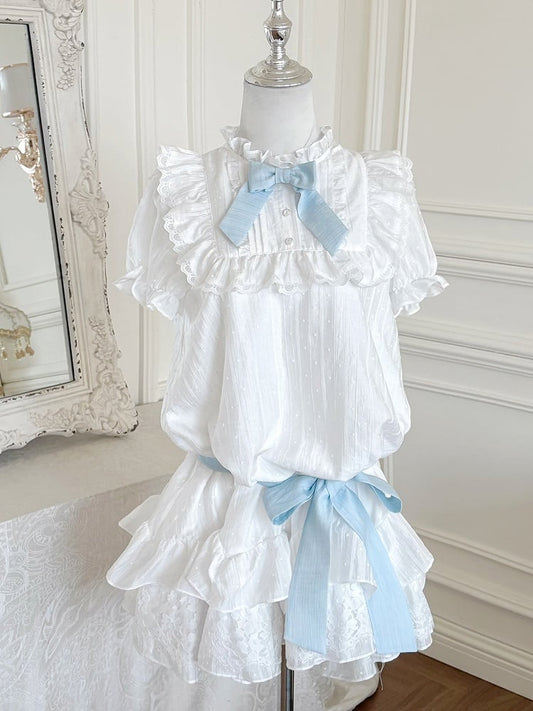 Blue Trim White Ruffle Neckline Lace Puff Sleeves Dress with