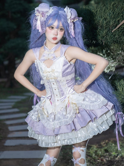 Robe Lolita Qi à taille corset violette avec gros nœud à la taille
