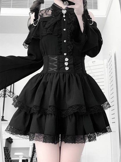 Offenes Jirai Kei Bell Shoulders Black Set: mit Top Three-Piece Sleeves All
