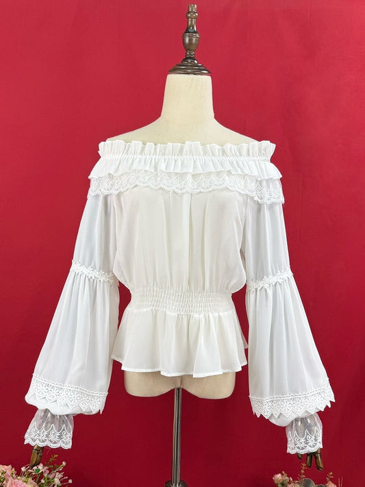 Weiße Chiffonbluse mit elastischem Ausschnitt und langen Ballonärmeln