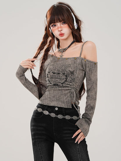 Black/Grey Drawstring Waist Asymmetrical Neckline Graphic Top