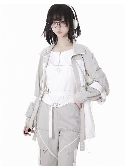 and White Techwear Sun Protection Jacket Gray Hem Colorblock Drawstring