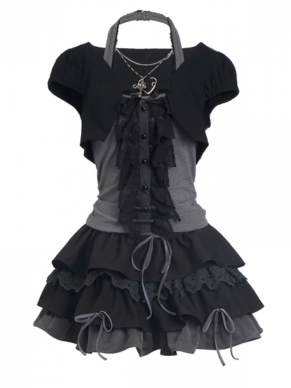 Skirt Cropped Top+Halter Neck Top+Tiered Sleeves Y2K Black and Gray Three Pieces Set - Short