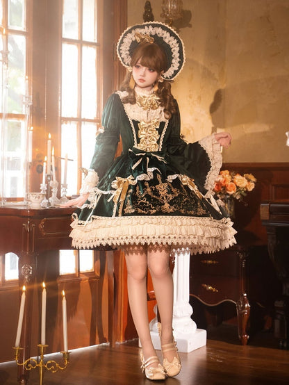 Candlestick and Embroidery Bell Dress Sleeves Green Candle Velvet