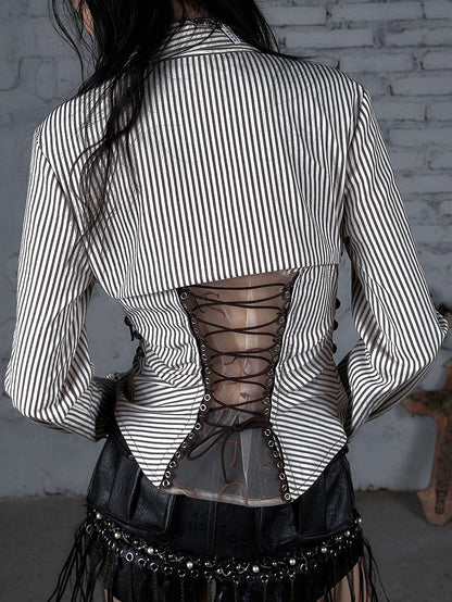 BrownWhite Buckle Lace-Up Pattern Striped Design Wasteland Decorated Shirt Punk