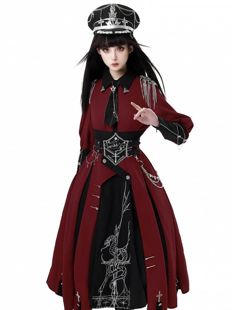 Long One Lolita Embroidery Red Snake Sleeves Decoration Piece Black And Cross Military