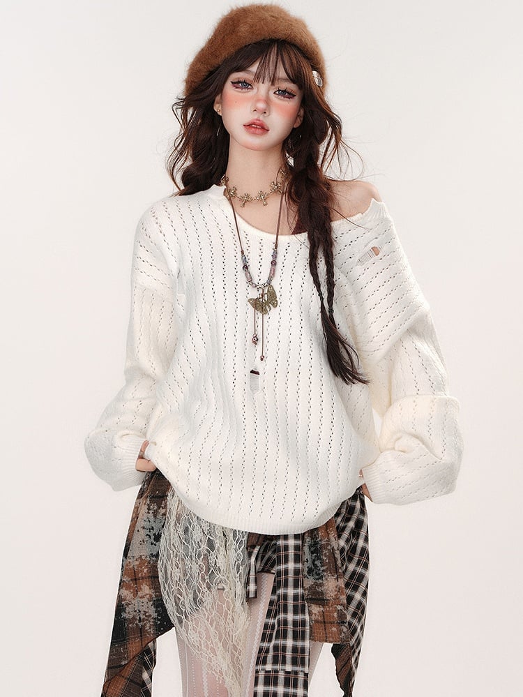 Distressed Holes White Sweater with Coffee Halter Neck Cami Top Set