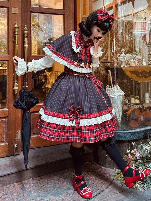 Black Stripes and Red Plaid Pattern Cape
