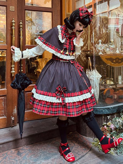 Black Stripes and Red Plaid Pattern Cape
