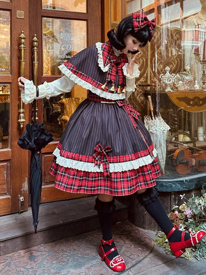 Robe à carreaux rouges et rayures noires, col amovible et jupe pull Lolita à nouer
