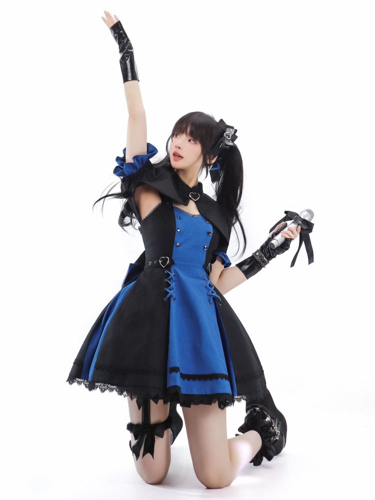 Black and Dark Blue Punk Idol Lolita Dress Lolita Cropped Top Set