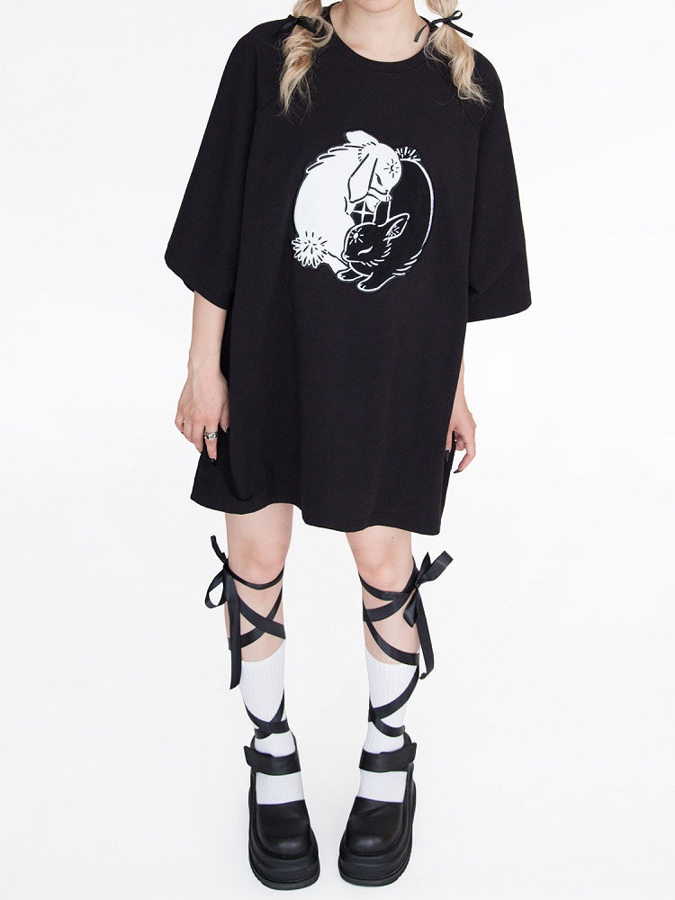 Black Bunny Embroidery Oversized T-Shirt