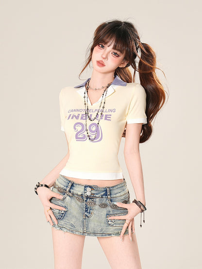V-Neck Pink/Yellow/Blue and Number Print T-Shirt Letter