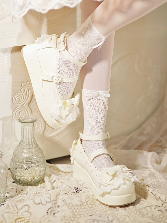 White Bow Milky Buckles at Platforms Lace Trim Top Heart