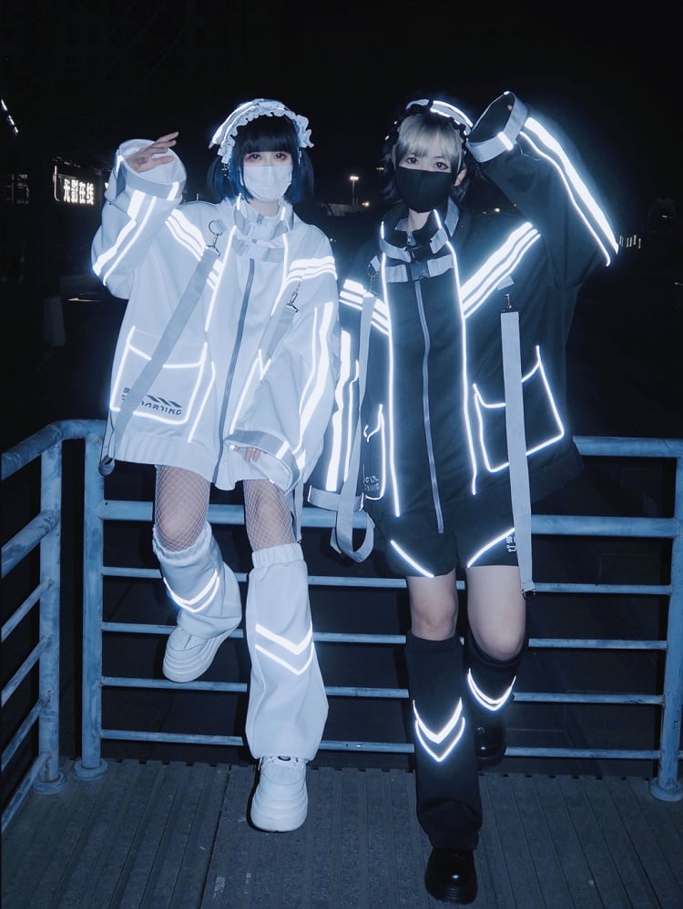 White Silver Reflective Stripes Futuristic Cyberpunk Leg Sleeves