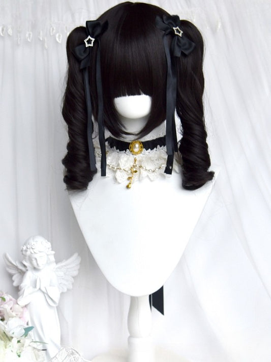 With Straight Clips Wig Claw Length + Curly 22CM Double Roman Bangs Short Black Ponytail Full 30CM