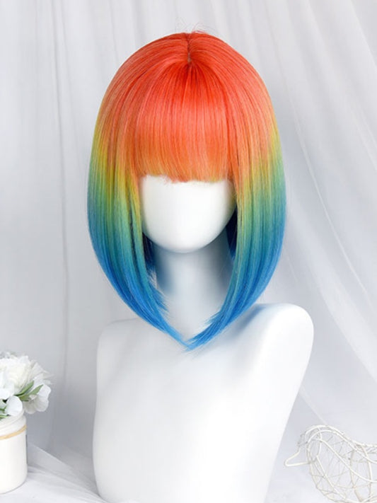 Rainbow Color Short Bob Cut Wig With Full Bangs