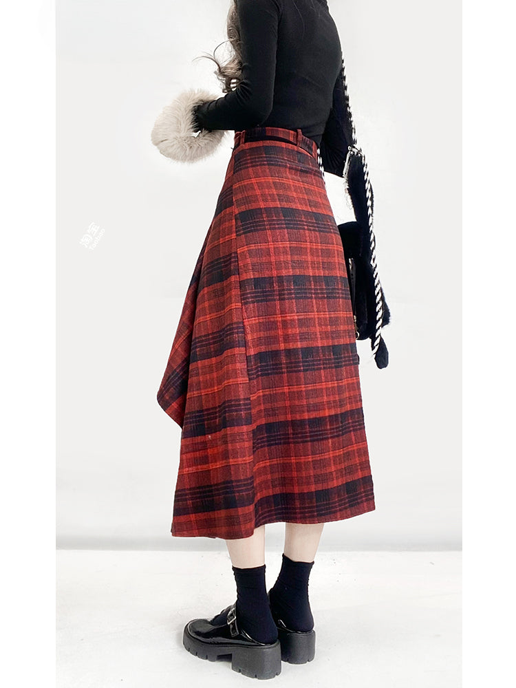 Wine Red Plaid Skirt with Asymmetric Waistline