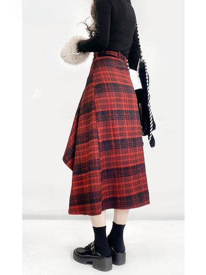 Wine Red Plaid Skirt with Asymmetric Waistline