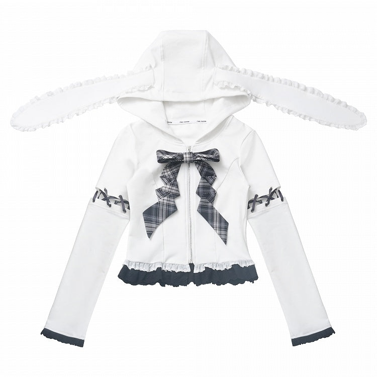 Lace-up Lace Trim Bunny Ears White/Black Design Hood Zip Closure Hoodie Sleeves Detachable