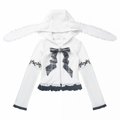 Lace-up Lace Trim Bunny Ears White/Black Design Hood Zip Closure Hoodie Sleeves Detachable