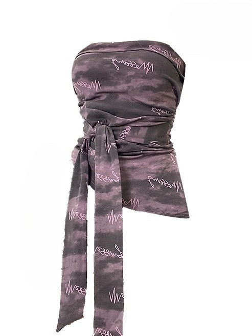Purple Dye Strap Hem Top Y2K Asymmetrical Bittersweet Tube Self-tie Tie
