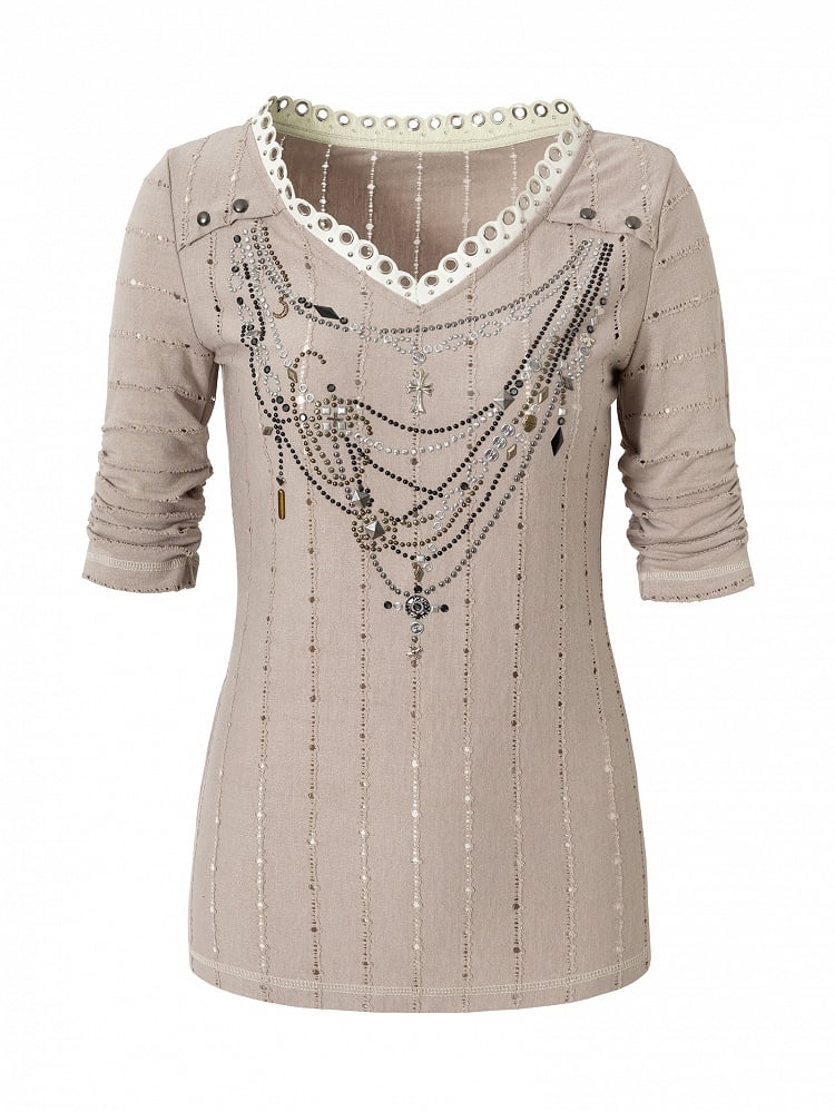 Pattern Long V-neck Rhinestone Striped Pink/Blue Sleeves Punk Design Top Necklace Wasteland