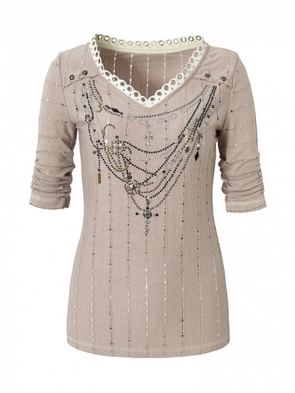 Pattern Long V-neck Rhinestone Striped Pink/Blue Sleeves Punk Design Top Necklace Wasteland