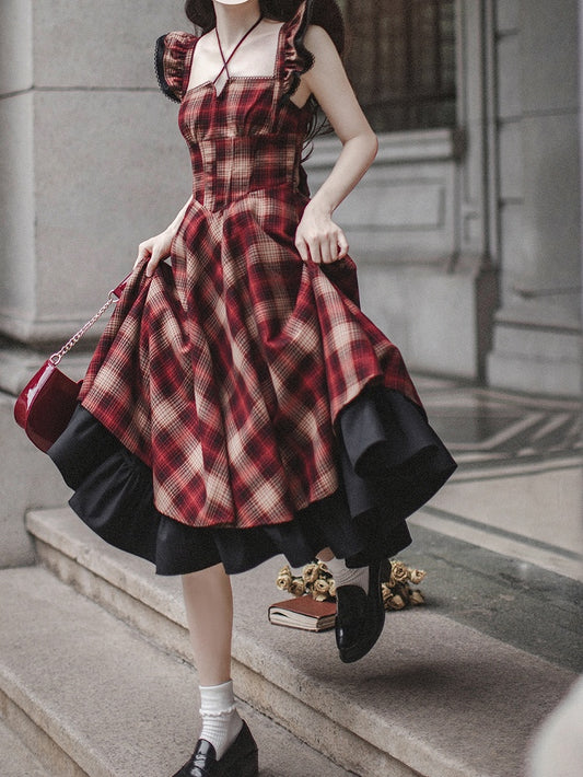 Pattern Plaid Waist Dress Red Basque