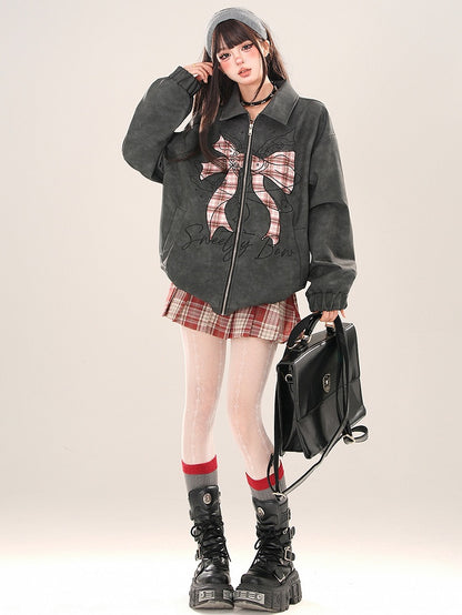 Black Plaid Bowknot Zip Placket Jacket