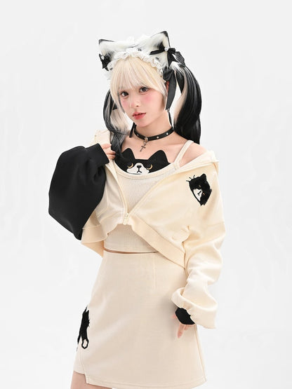 Black and White Kitty Ear Hood Kitty Pattern Zip Closure Cropped Hoodie