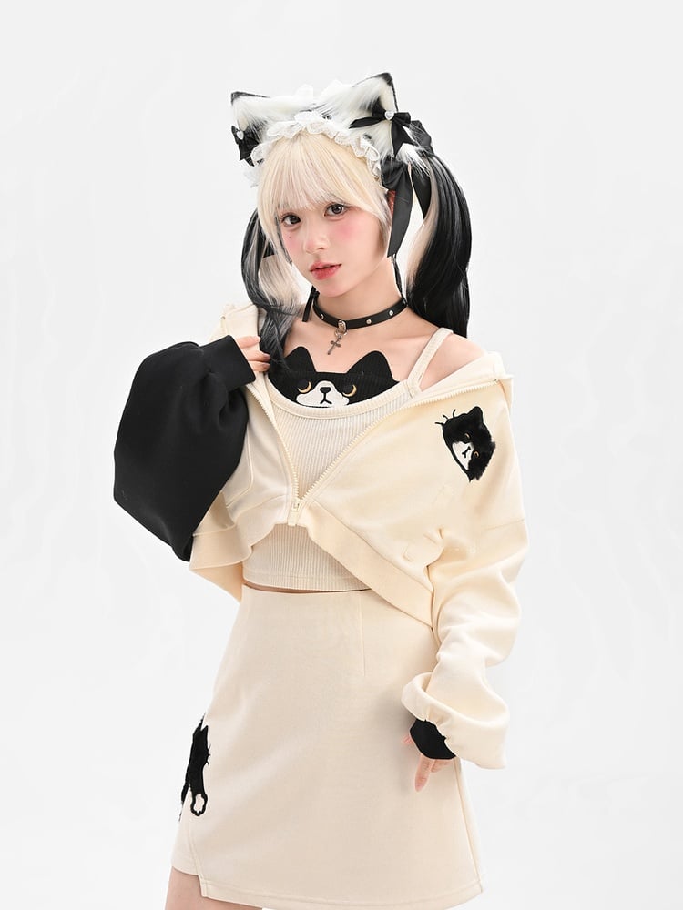 黒猫柄ホワイトアシンメトリーヘムスカート