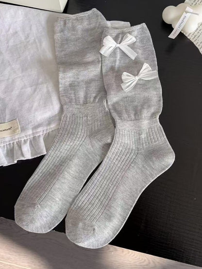 Details Bowknot Black/White/Beige/Gray Lolita Socks Calf