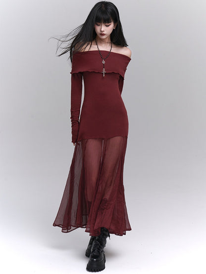 Robe glamour rouge vin semi-transparente à épaules dénudées