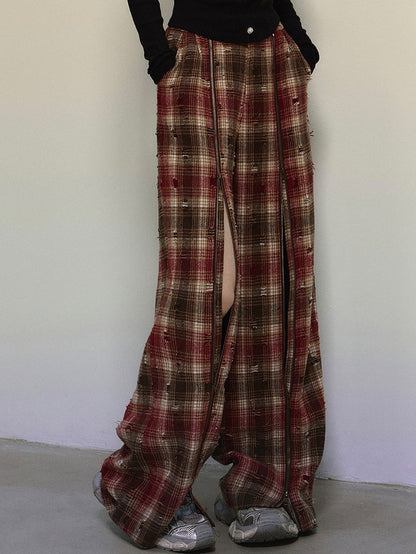 Red Zipper Straight Leg Cut Plaid Pants