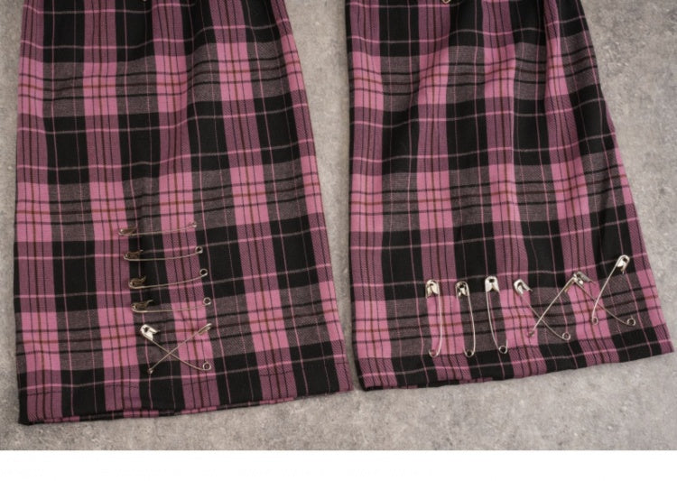 Pins Black and Pink Plaid Leg Sleeves