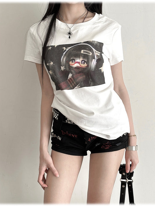 White Round Neck BJD Doll Print Vintage T-Shirt