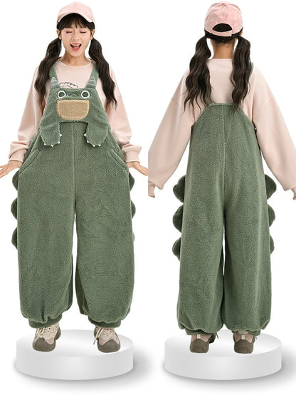 Cute Dinosaur Green Plush Overalls