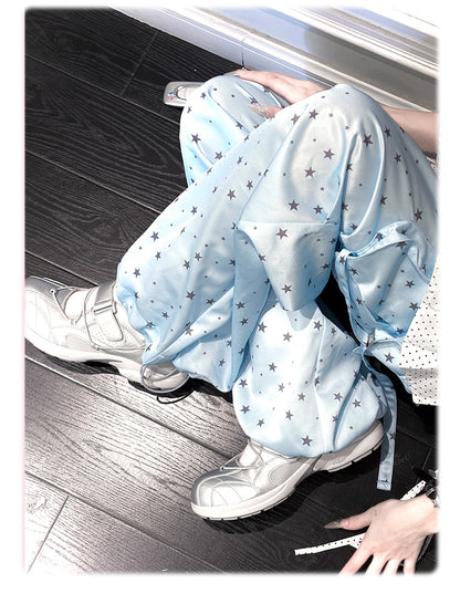 Blaue Cargohose mit weitem Bein und Allover-Taille und Kordelzug im Sternenmuster