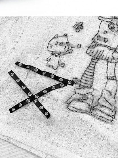 Y2K-Mädchenausschnitt und weißes Detail-Cartoon-Katzendesign