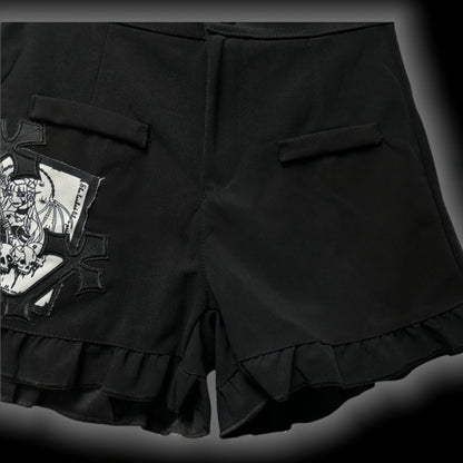 Gothic Black CrossPatches High Waist Ruffle Trim Shorts with Free Waist Chain