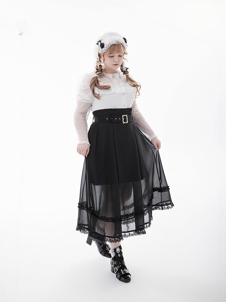 Blouse+Bow Tie White Illusion Neckline Juliette Sleeves Jirai Kei Lace