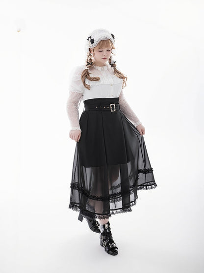 Blouse+Bow Tie White Illusion Neckline Juliette Sleeves Jirai Kei Lace