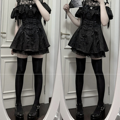 Cheongsam + Illusion Jirai Neckline Mini Dress Bow Tie Kei Shorts Set- Black Style + Bell Sleeves