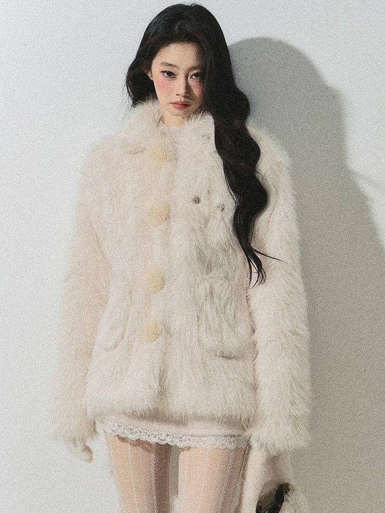 Faux Fur Coat Pompom Button Design