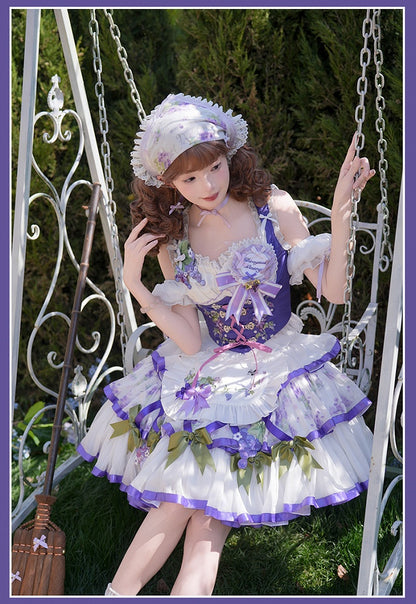 Outfit Bavaria - White Purple Octoberfest Corset Set Grape Embroidery Apron Skirt + Tiered Style Full Lolita Top